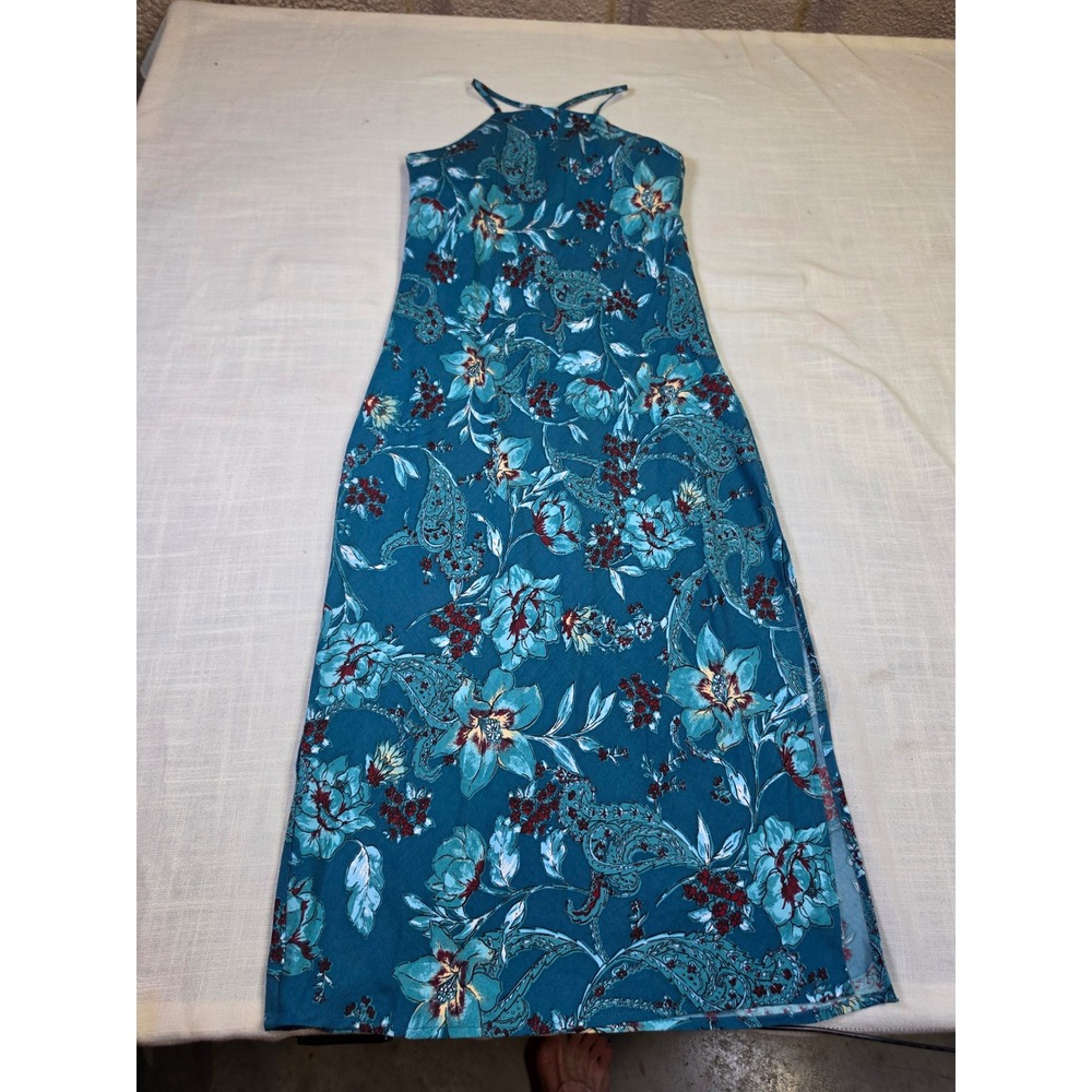 Band of the Free Teal Floral Paisley Halter Maxi Dress XS Boho Side Slit
